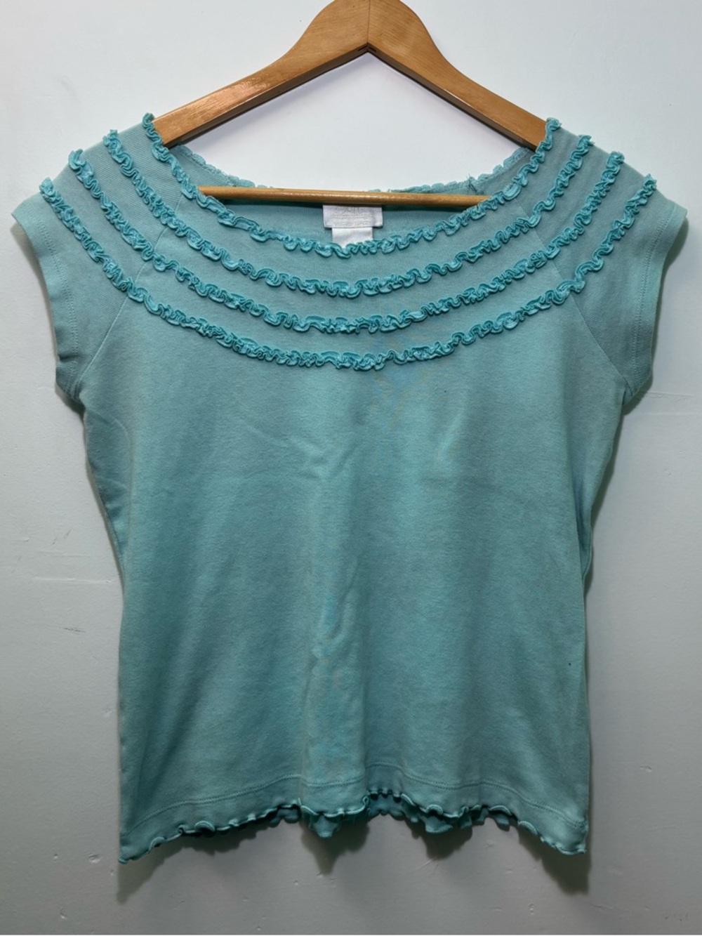 Y2K Soft Surroundings Aqua Ruffle Trim Short Sleeve Top